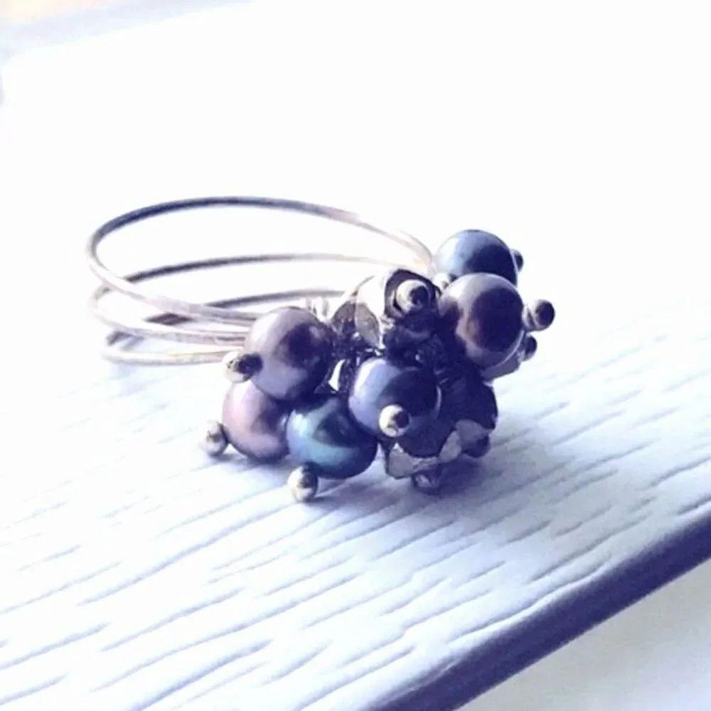 Freshwater Pearl Cluster Ring Beaded Wire Multi-band Boho Beachy Coastal Blue